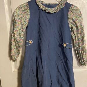 EC Little English Girls Light Blue Corduroy Dress Size 8 Floral Long Sleeve EUC